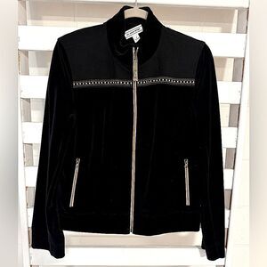 ST JOHN Black Velour Zipper Front Jacket W/ Gold Trim Sz S